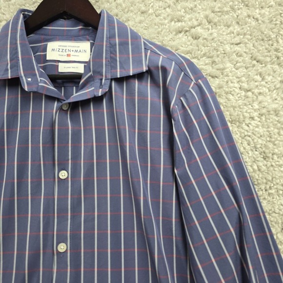 Mizzen Main Shirt Men XL Blue Check Leeward Button Up‎ Trim Fit Stretch Office - Picture 4 of 12